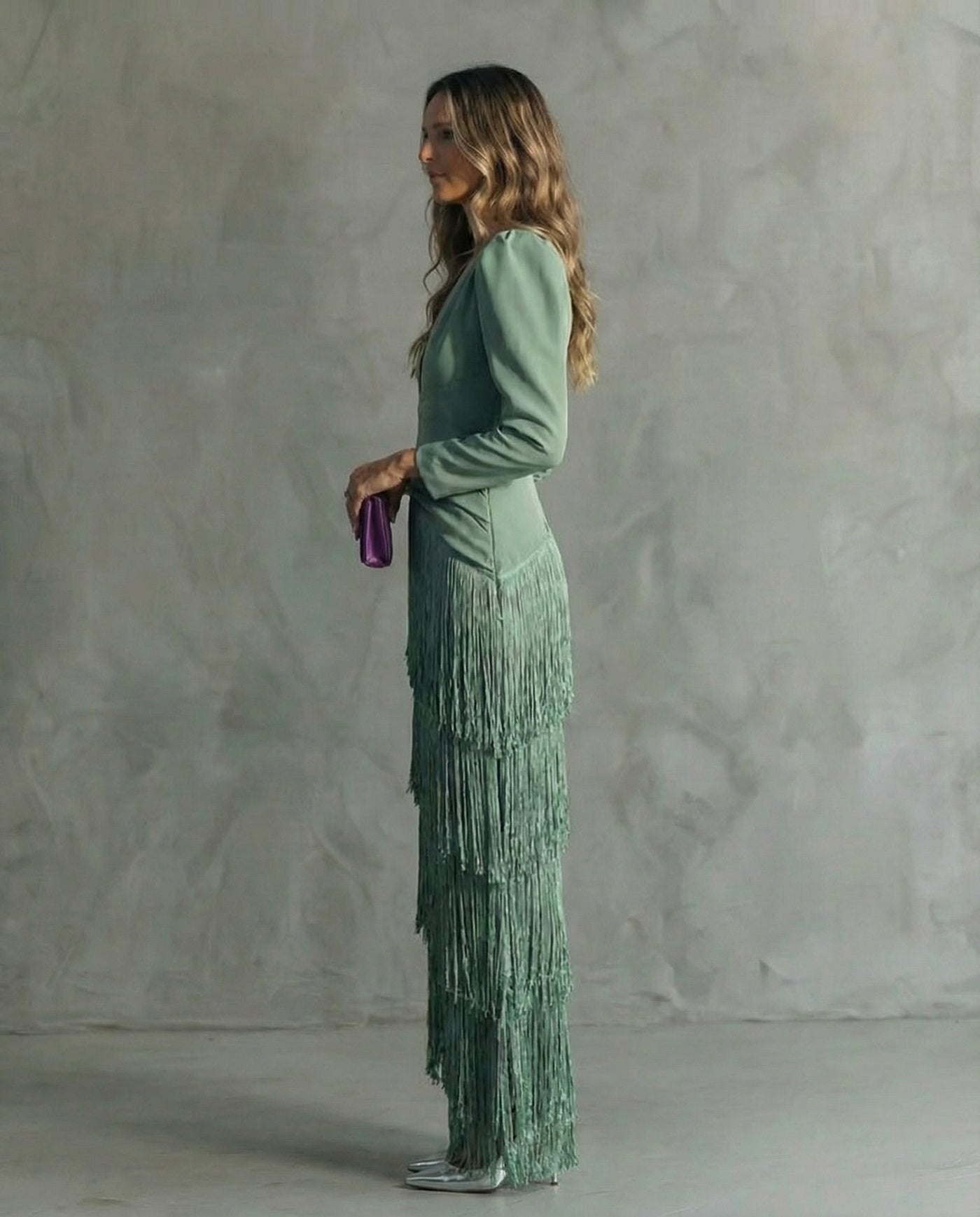 fringe cocktail dress with sleeves Elegant Sleeve Midi Natural Hem Shaped Lavender Chiffon Bridesmaid Dress: Style:With Matching Shawl fit_cat:half-down