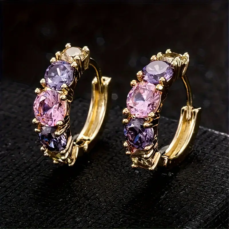 Purple Zirconia Hoop Gold Earrings