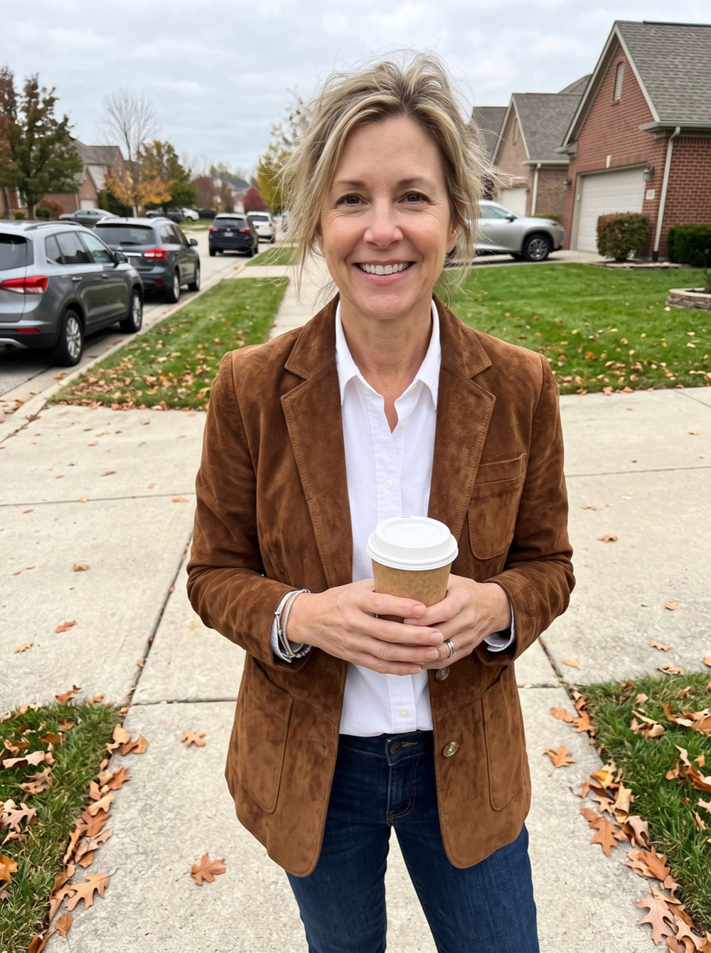 Woman wearing the Suede Blazer