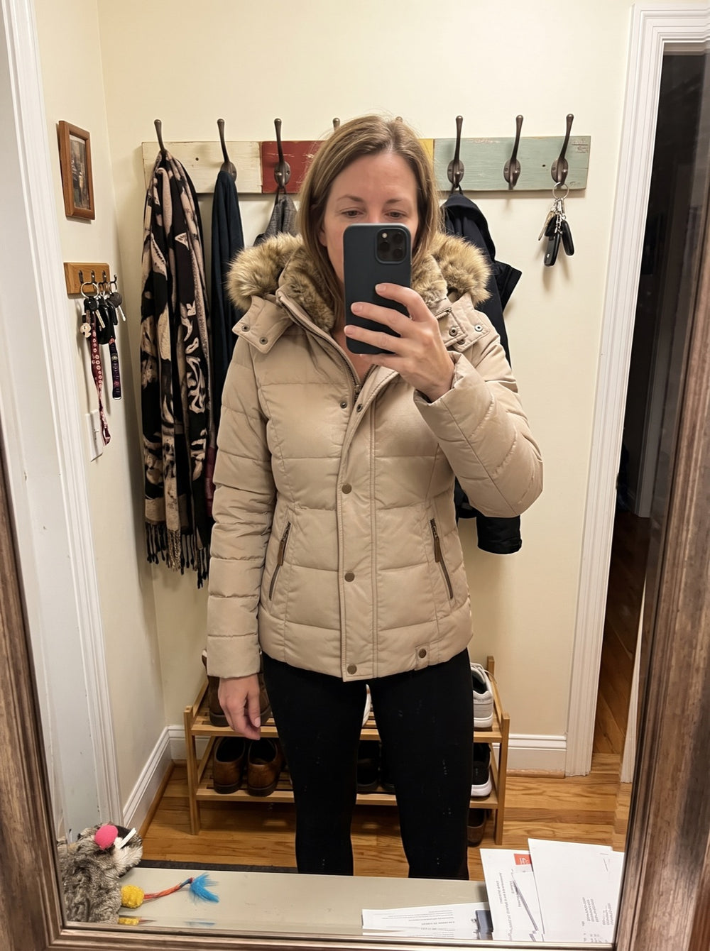 Woman wearing the Quilted Jacket with Faux Fur Hood