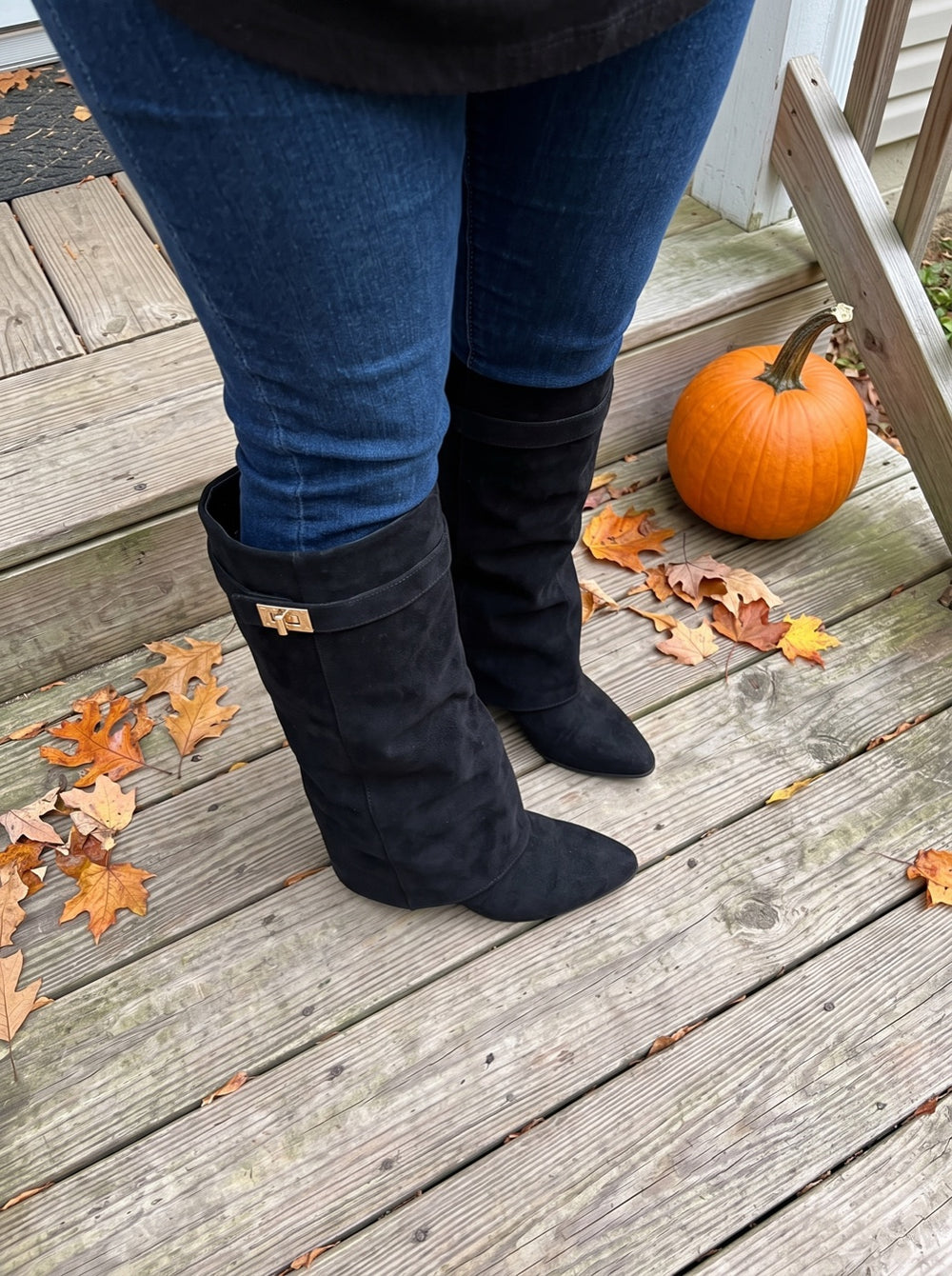 Woman wearing the Knee-High Fold-Over Boots